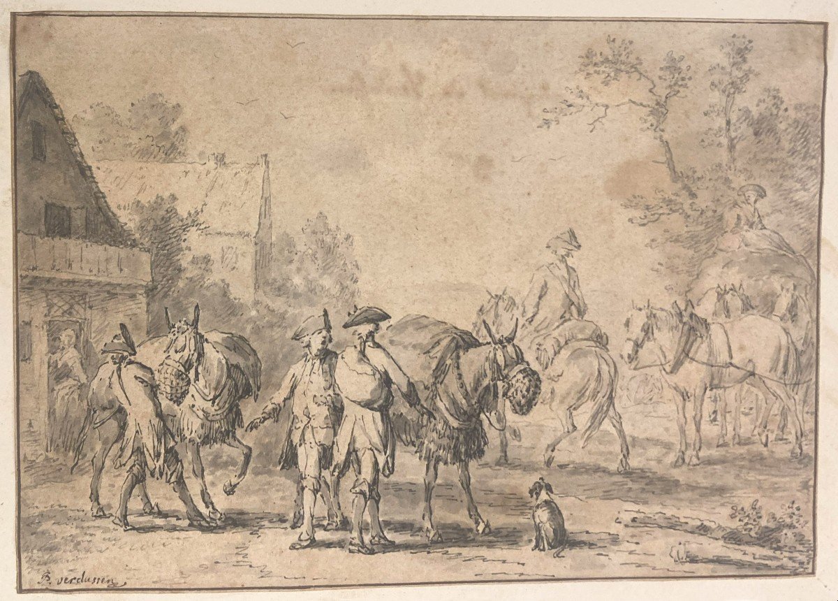 Verdussen Jan Peeter (1700-1763) "figures And Horses" Drawing/pen And Gray Wash, Signed-photo-2