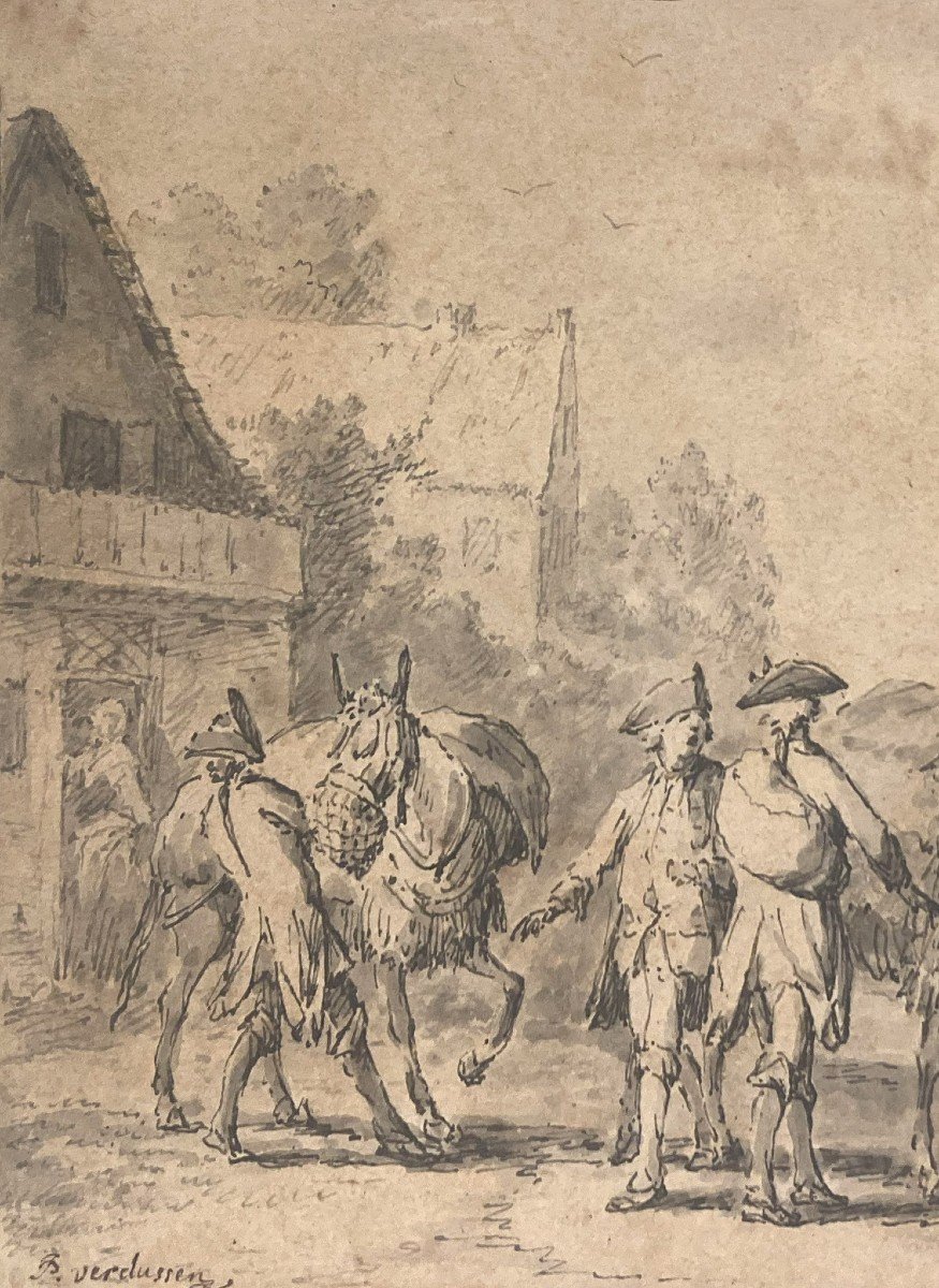 Verdussen Jan Peeter (1700-1763) "figures And Horses" Drawing/pen And Gray Wash, Signed-photo-3