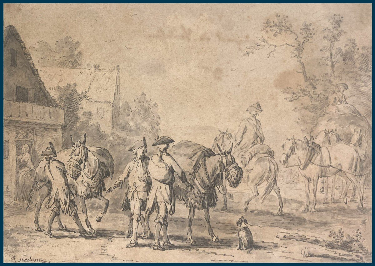 Verdussen Jan Peeter (1700-1763) "figures And Horses" Drawing/pen And Gray Wash, Signed