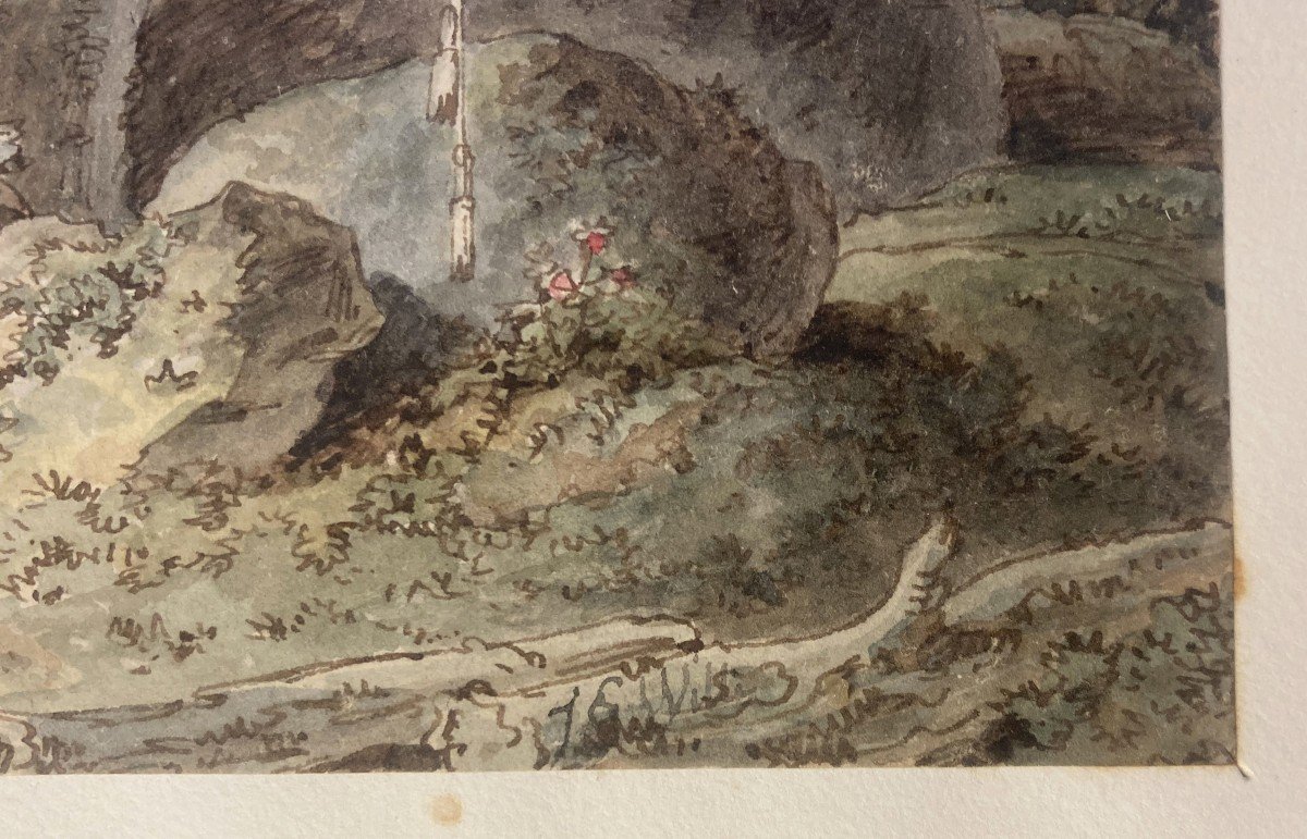 Wille Johann Georg (1715-1808) "landscape And Figures" Drawing/pen, Watercolor, Trace Of Signature-photo-2