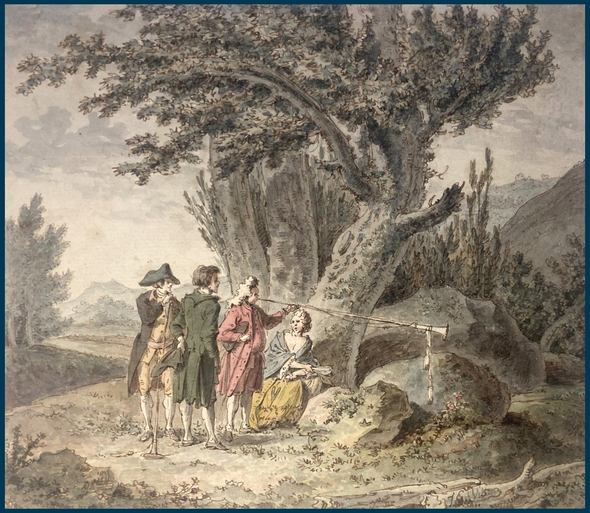 Wille Johann Georg (1715-1808) "landscape And Figures" Drawing/pen, Watercolor, Trace Of Signature