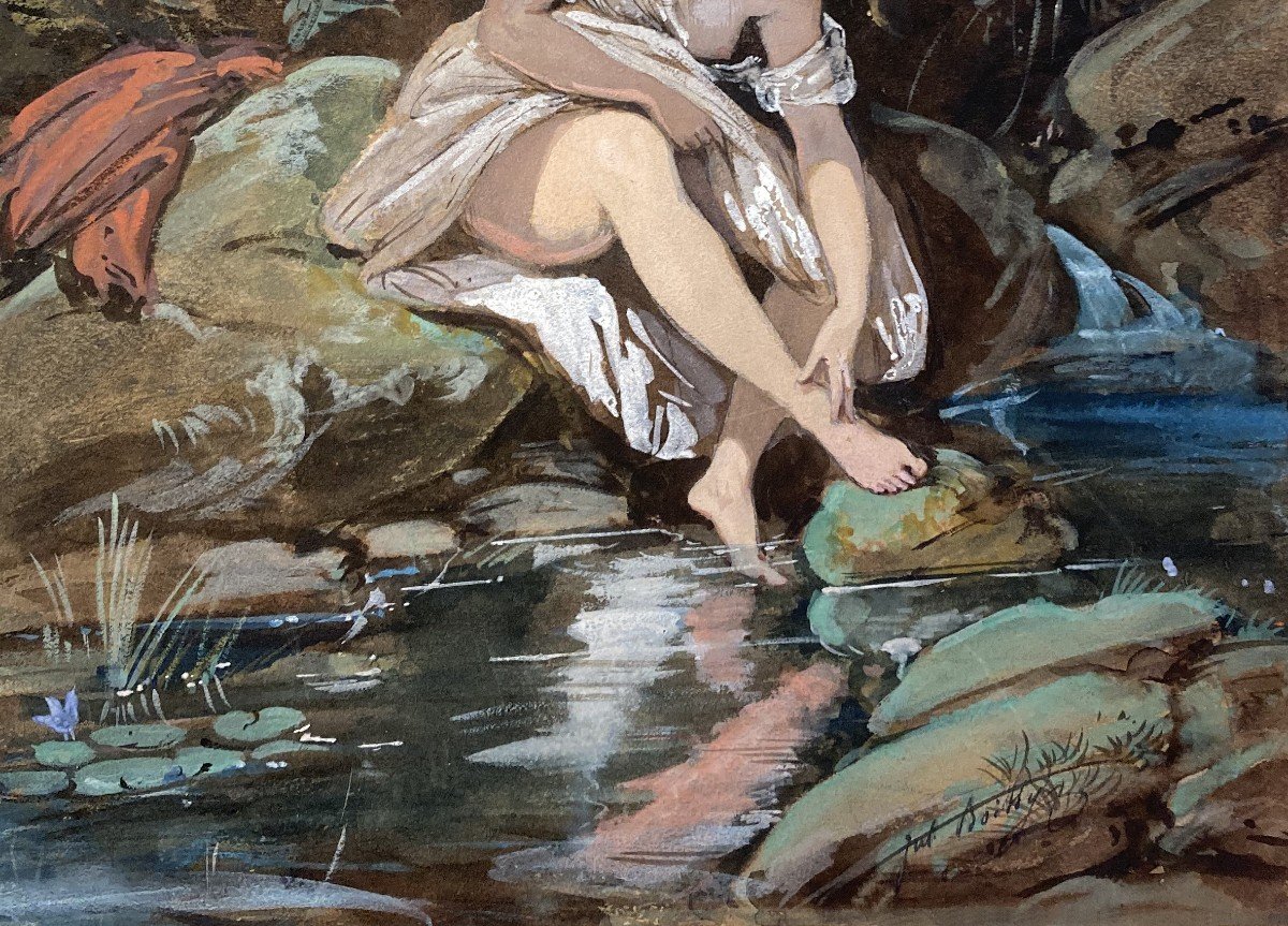 BOILLY Jules (1796-1874) "Femme au bord de la rivière" Dessin/Aquarelle et gouache, Signé-photo-3