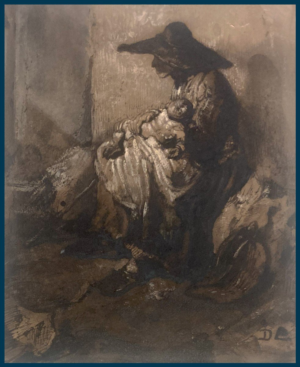 Decamps Alexandre Gabriel (1803-1860) "woman And Child" Drawing/brown Wash, White Gouache, Signed