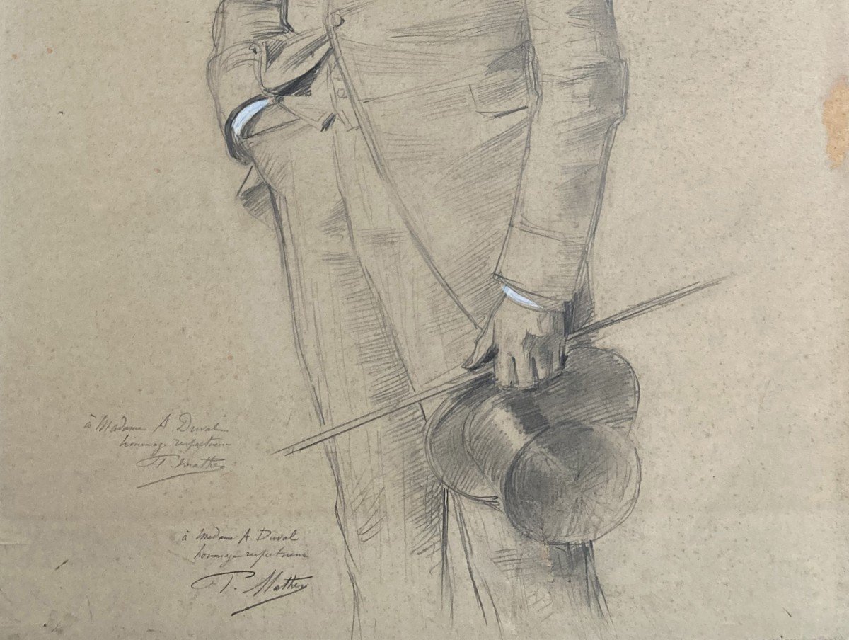 Mathey Paul (1844-1929) "portrait Of A Dandy" Drawing/black Pencil, White Gouache, Signed, One Dedication-photo-4