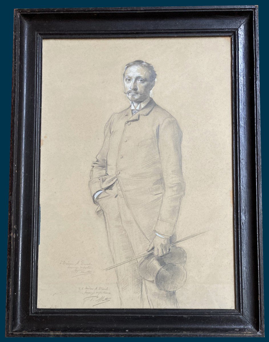 Mathey Paul (1844-1929) "portrait Of A Dandy" Drawing/black Pencil, White Gouache, Signed, One Dedication