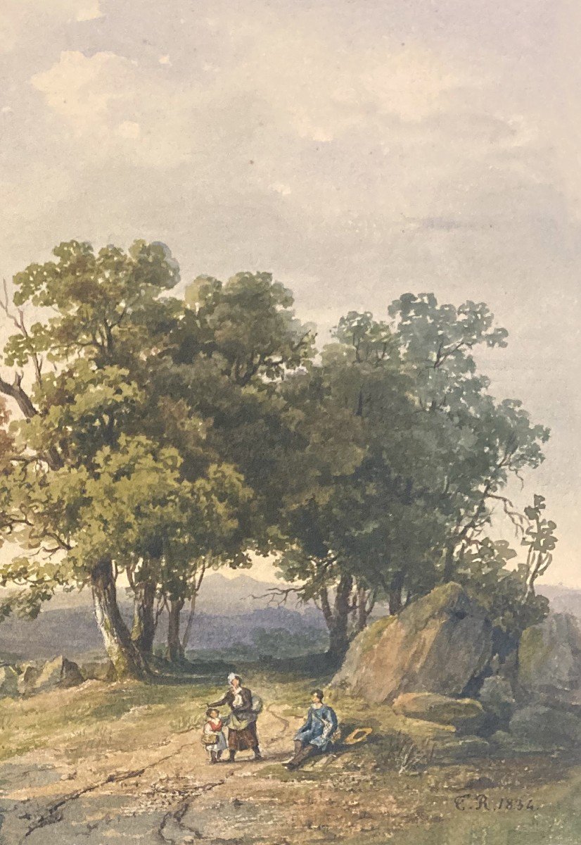 RICHARD Théodore (1782-1859) "Paysage et personnages" Aquarelle, Monogramme-photo-3