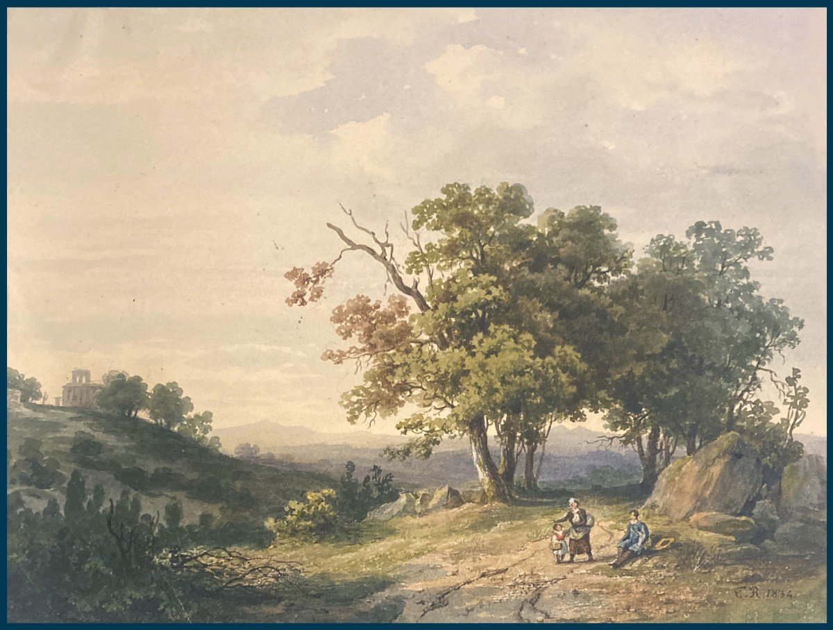 RICHARD Théodore (1782-1859) "Paysage et personnages" Aquarelle, Monogramme