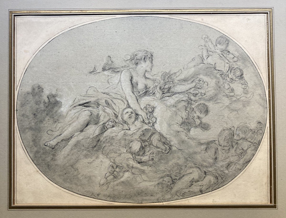 BOUCHER François(1703-1770)"Le lever de l'Aurore"Dessin/Pierre noire,Craie blanche,Annoté,Cadre-photo-2