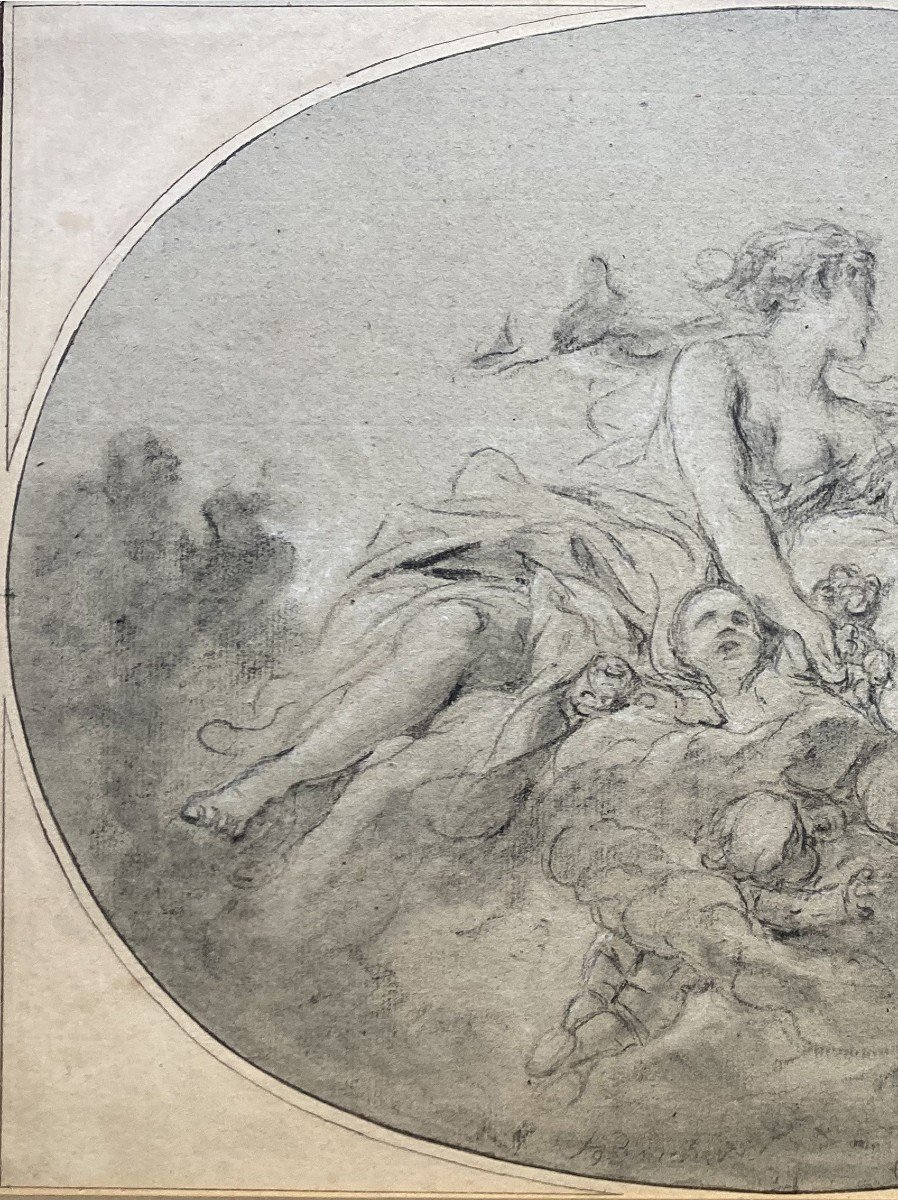 BOUCHER François(1703-1770)"Le lever de l'Aurore"Dessin/Pierre noire,Craie blanche,Annoté,Cadre-photo-3