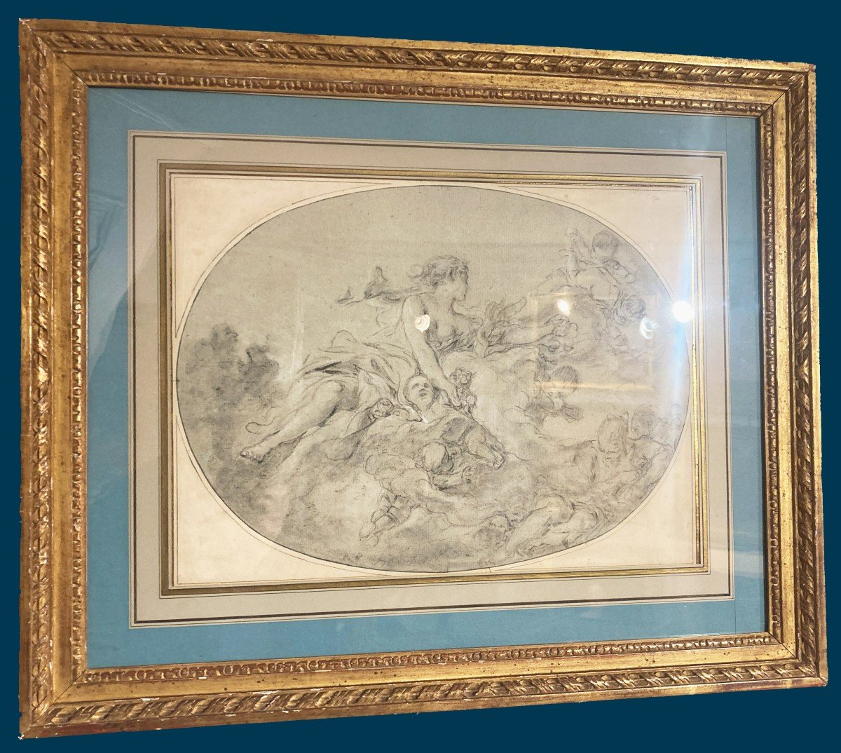 BOUCHER François(1703-1770)"Le lever de l'Aurore"Dessin/Pierre noire,Craie blanche,Annoté,Cadre