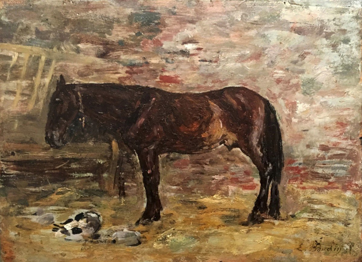 BOUDIN Eugène (1824-1898) "Un cheval" Huile sur panneau, Signé, Cadre du 19e siècle-photo-2