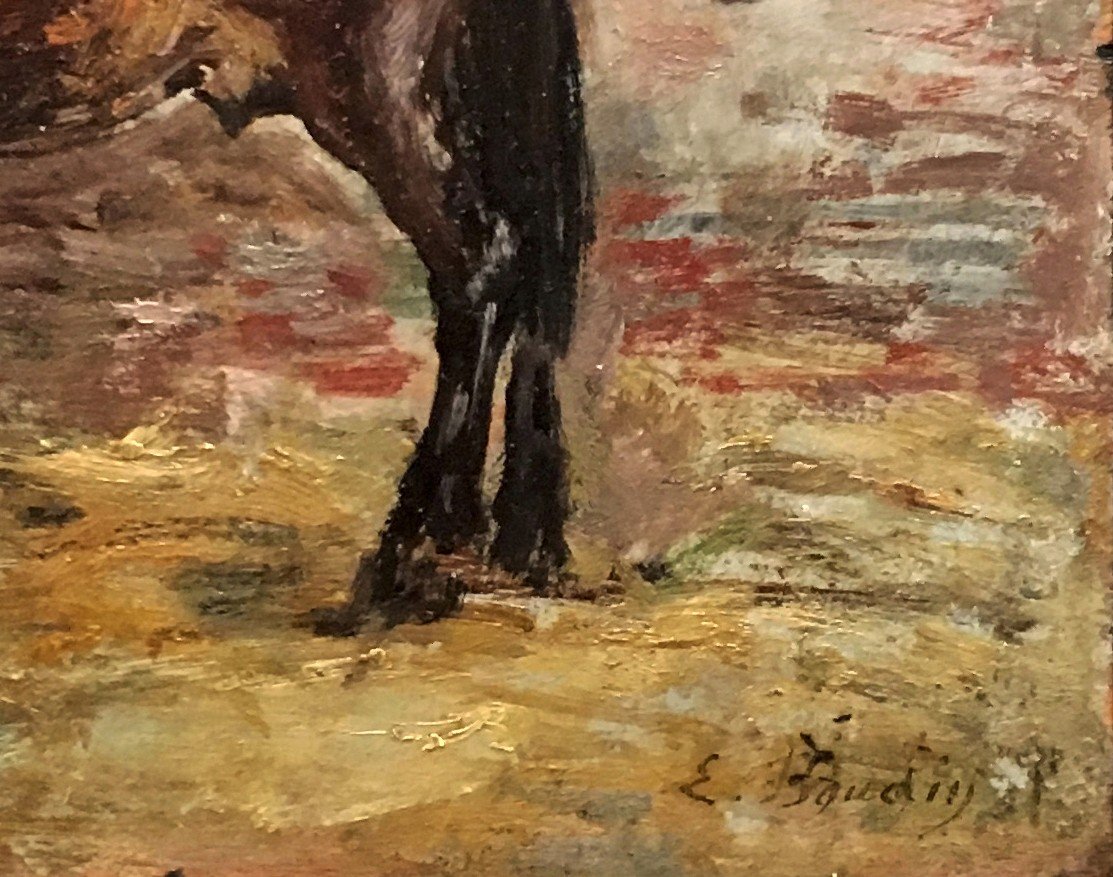 BOUDIN Eugène (1824-1898) "Un cheval" Huile sur panneau, Signé, Cadre du 19e siècle-photo-3