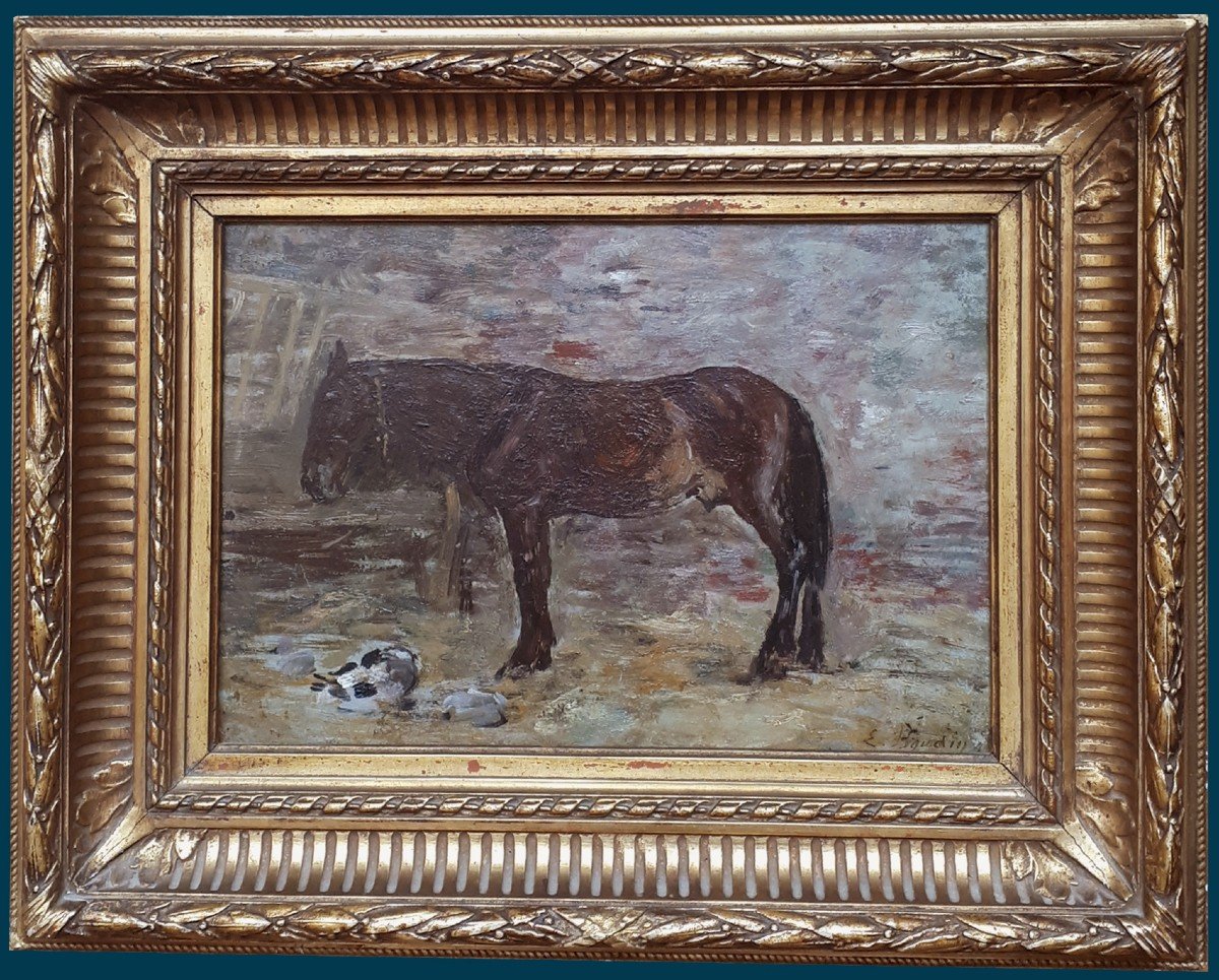 BOUDIN Eugène (1824-1898) "Un cheval" Huile sur panneau, Signé, Cadre du 19e siècle