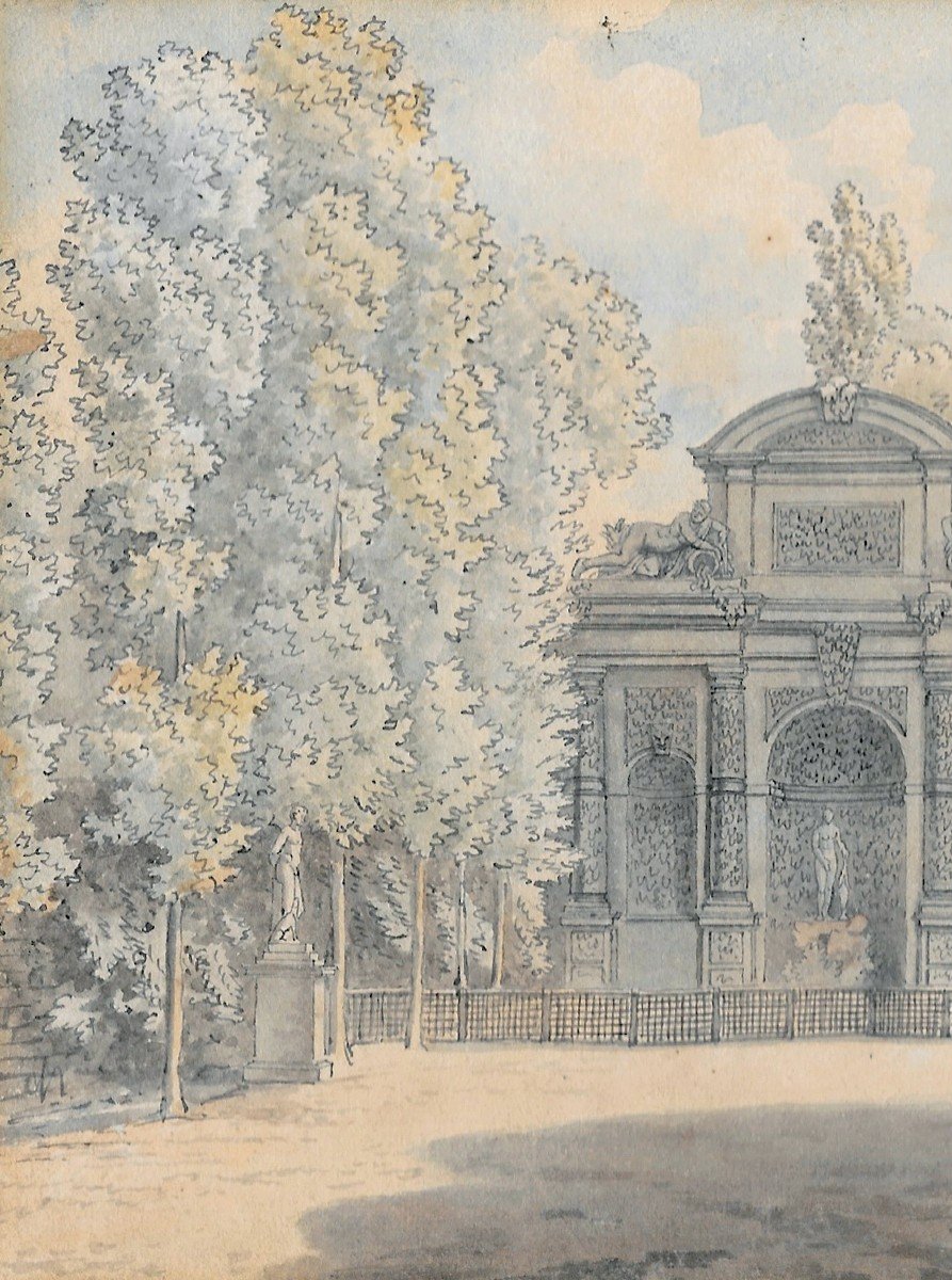 VAUZELLE Jean Lubin (1776-1837) "Fontaine Médicis, Jardin du Luxembourg" Dessin/Plume,aquarelle-photo-2