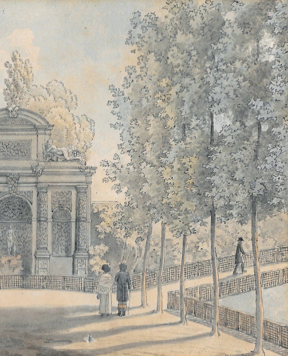 VAUZELLE Jean Lubin (1776-1837) "Fontaine Médicis, Jardin du Luxembourg" Dessin/Plume,aquarelle-photo-3