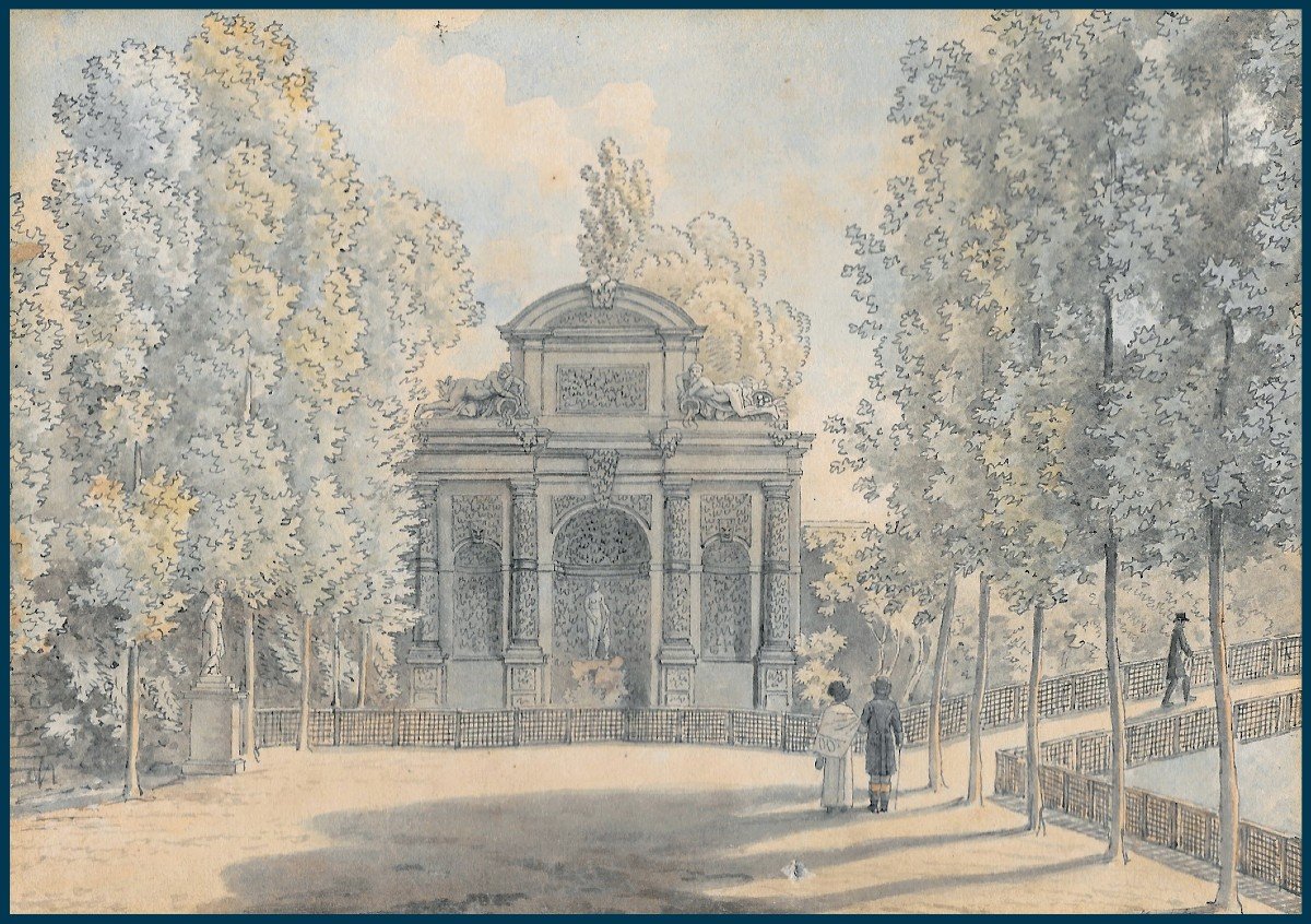 VAUZELLE Jean Lubin (1776-1837) "Fontaine Médicis, Jardin du Luxembourg" Dessin/Plume,aquarelle