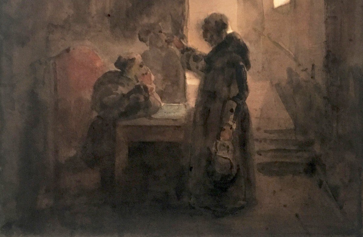 GRANET François Marius (1775-1849) "Religieux dans un couvent" Aquarelle,Signé,Daté, avec envoi-photo-3