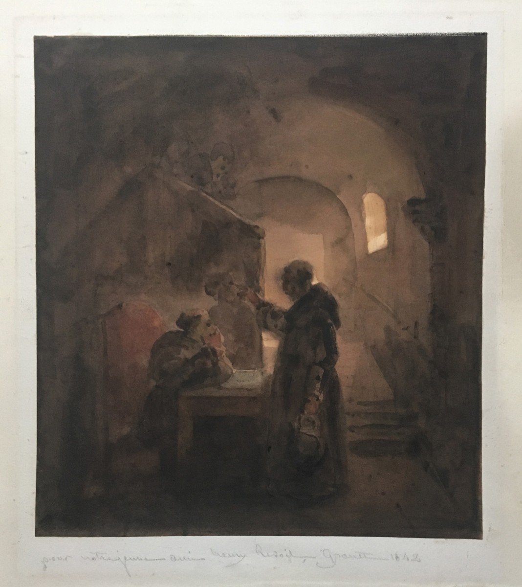 GRANET François Marius (1775-1849) "Religieux dans un couvent" Aquarelle,Signé,Daté, avec envoi-photo-4