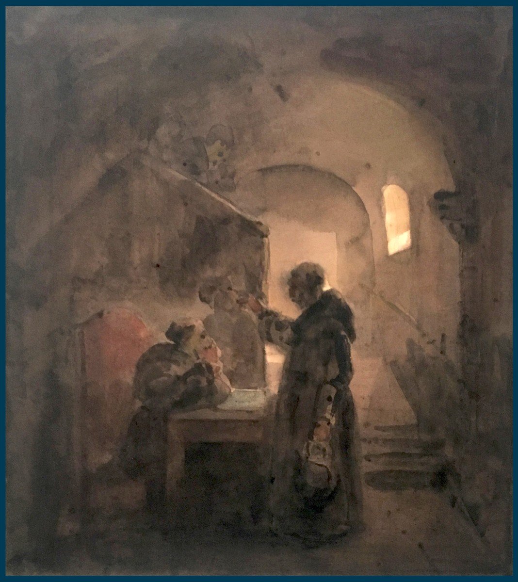 GRANET François Marius (1775-1849) "Religieux dans un couvent" Aquarelle,Signé,Daté, avec envoi