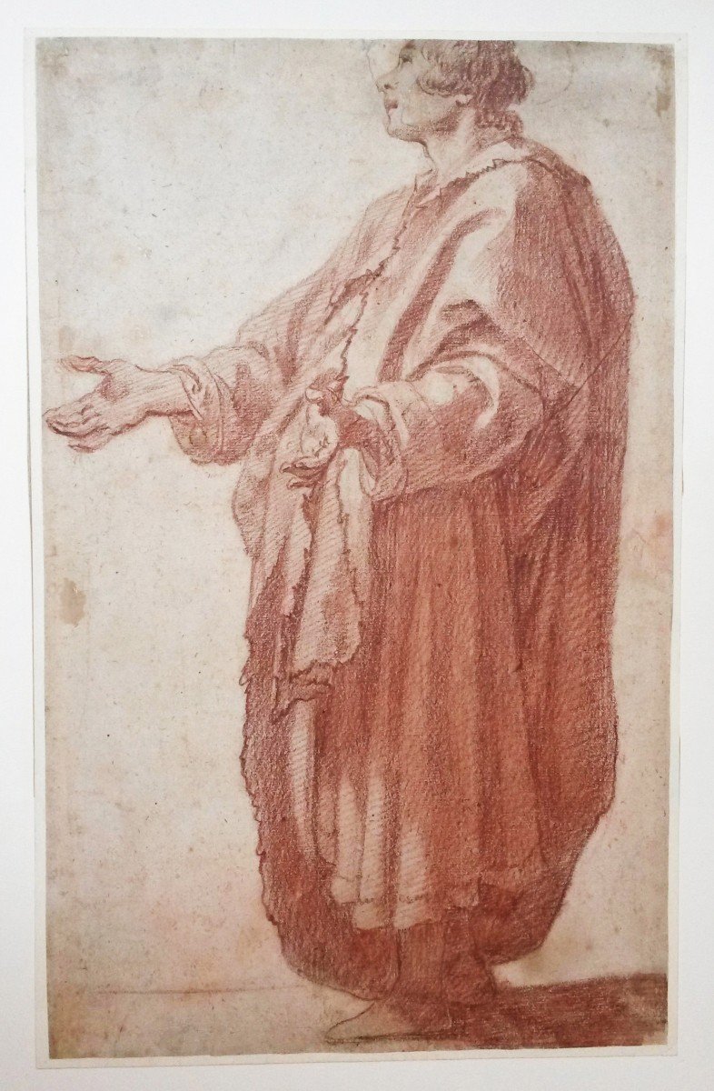 ROSSELLI Matteo, Attribué à (1578-1650) "Homme Drapé Debout" Dessin/Crayon sanguine, Provenance-photo-2