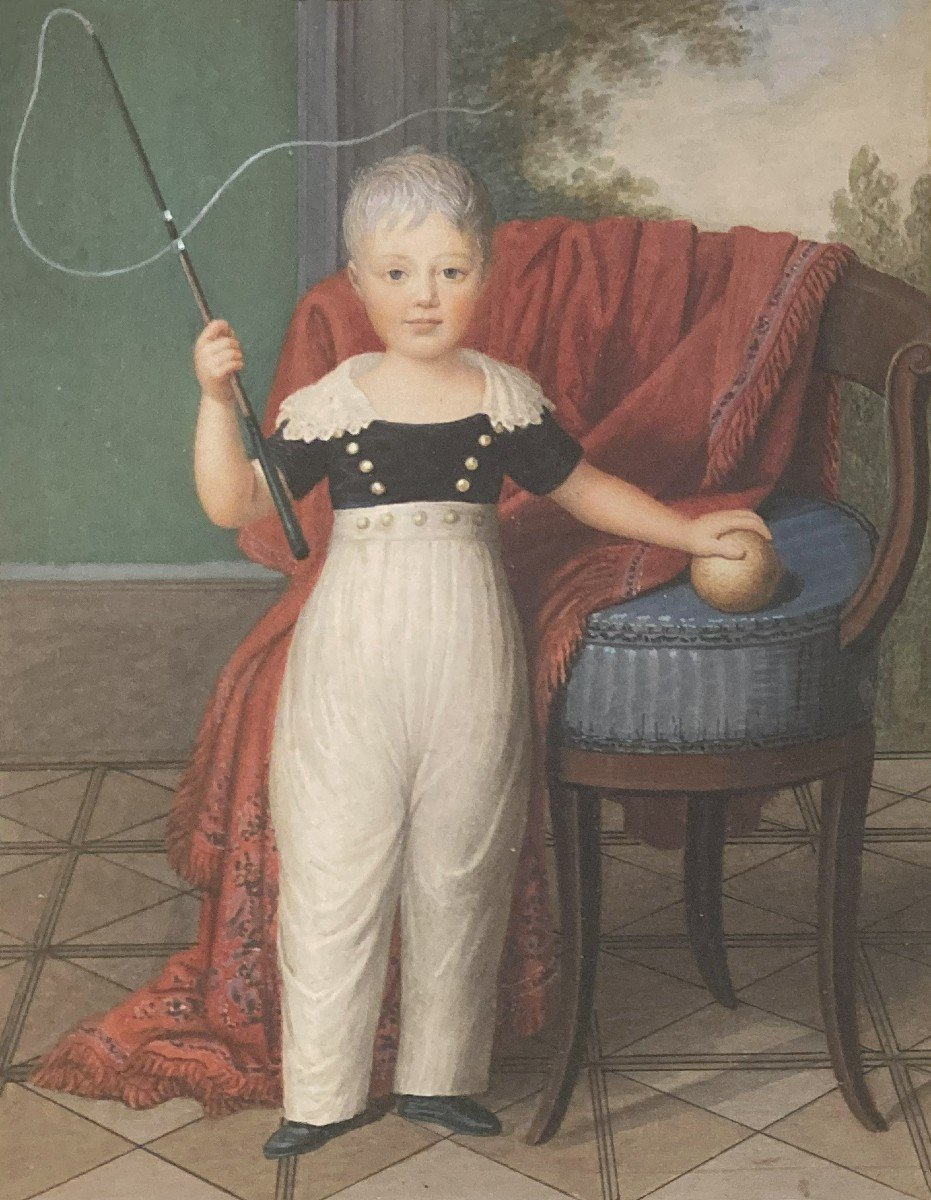 German School Of The Early 19th Century "young Boy With A Ball" Watercolor Drawing, Frame From The Early 19th Century-photo-2