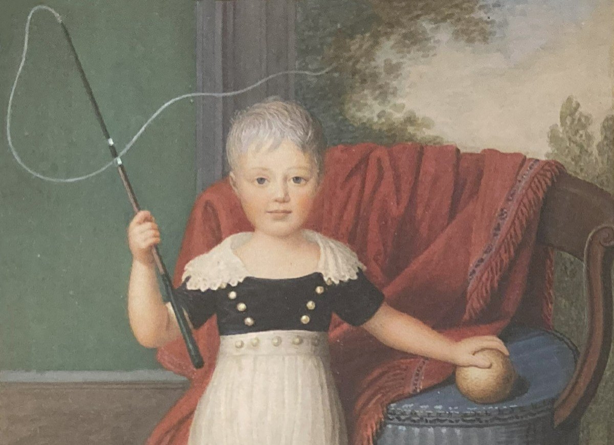 German School Of The Early 19th Century "young Boy With A Ball" Watercolor Drawing, Frame From The Early 19th Century-photo-3