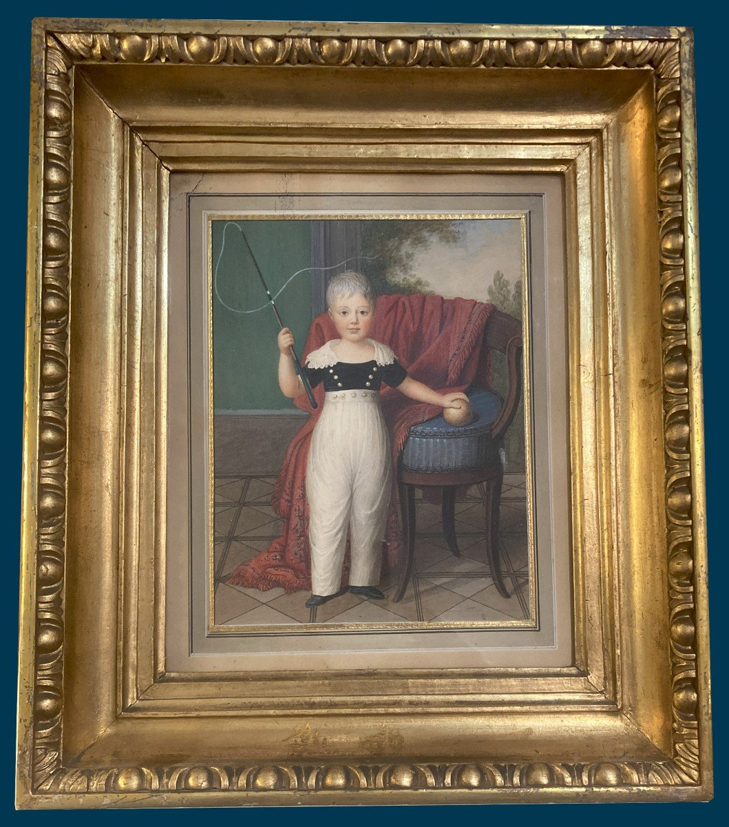 German School Of The Early 19th Century "young Boy With A Ball" Watercolor Drawing, Frame From The Early 19th Century