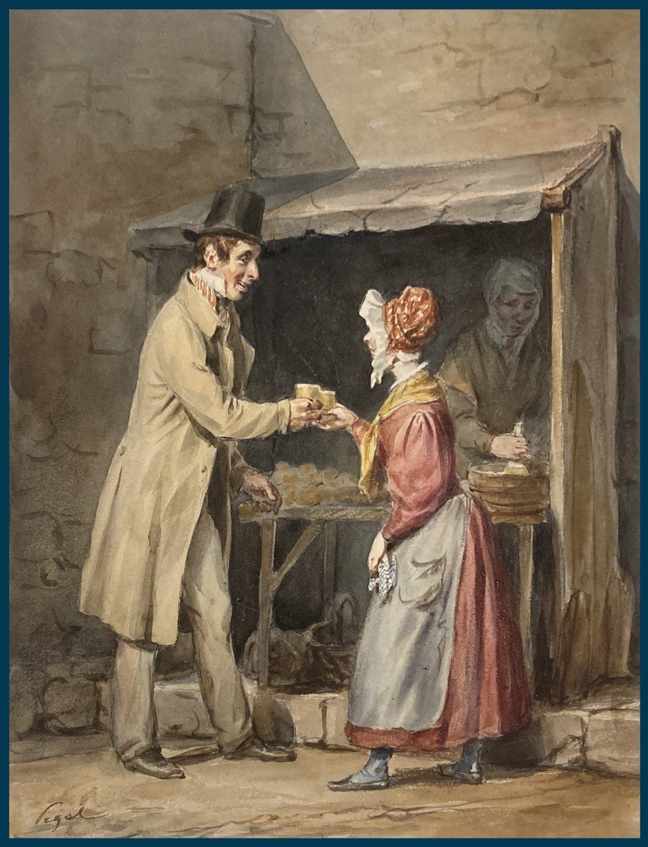 Pigal Jean-edmé (1798-1872) "a Man And A Woman With A Glass In Their Hand" Drawing/watercolor, Signed