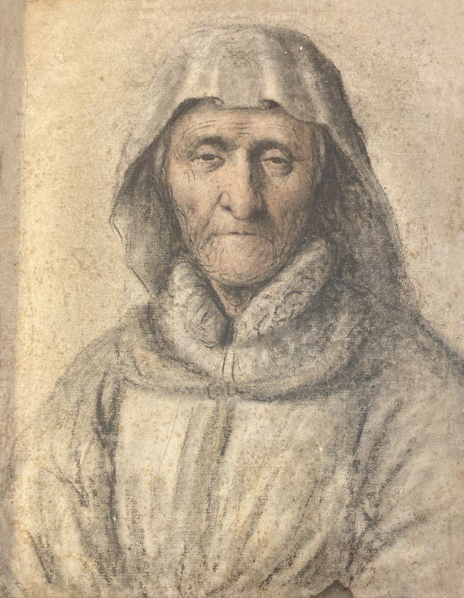 Lagneau Nicolas (around 1590-around 1666) "portrait Of An Old Woman" Drawing/black And Red Chalk-photo-2