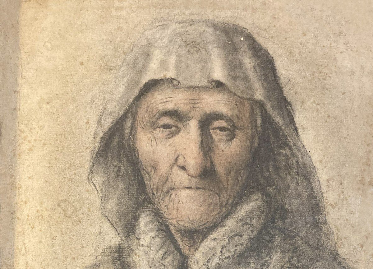 LAGNEAU Nicolas (Vers 1590-vers 1666) "Portrait vieille femme" Dessin/Pierre noire et sanguine-photo-3