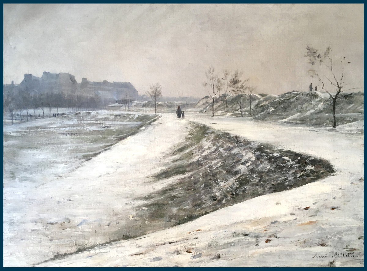 BILLOTTE René (1846-1914)"Paysage de neige aux alentours de Paris" Huile/toile, Signé,Cadre 19e