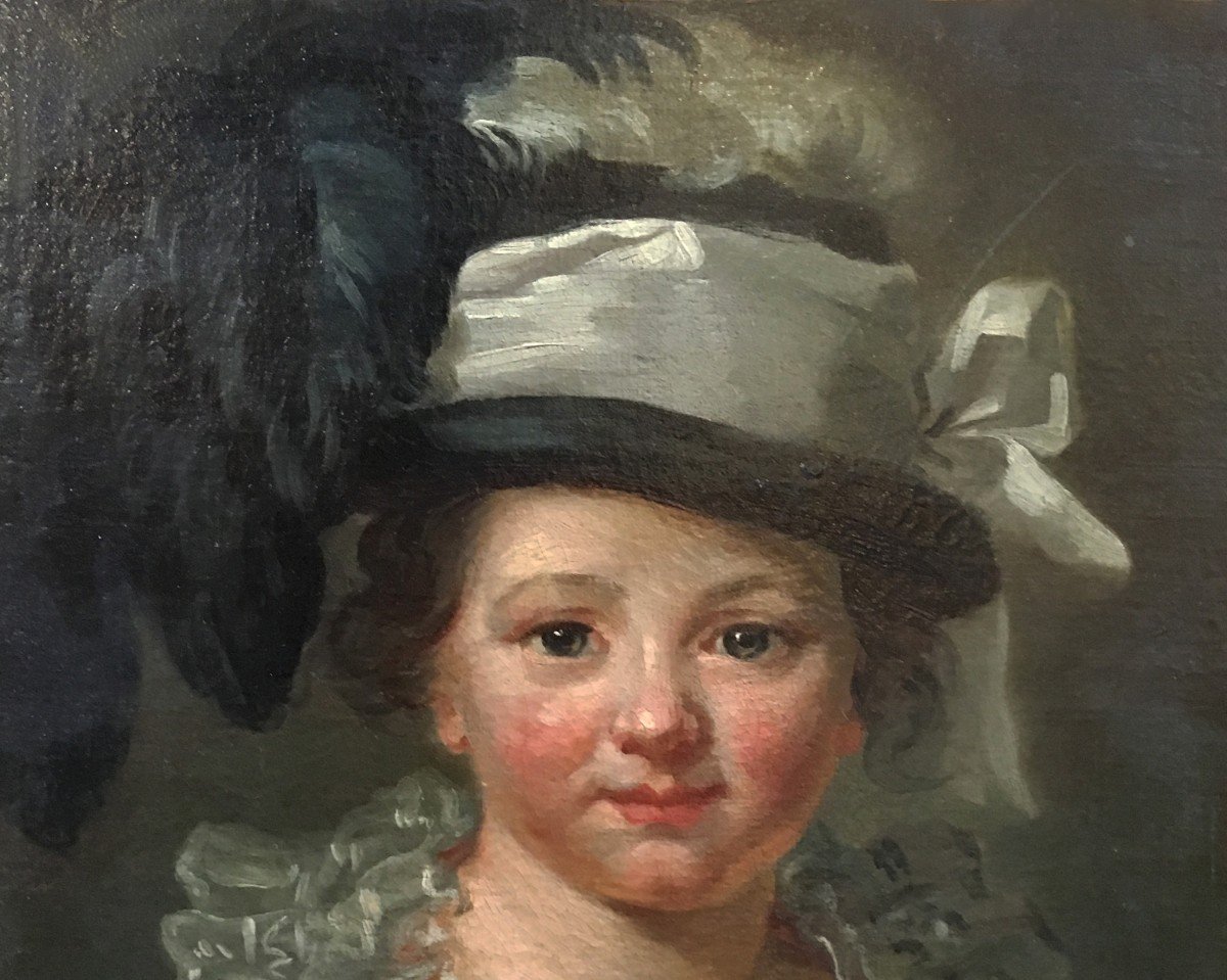 French School 18th Century "little Girl With A Hat" Oil On Canvas-photo-2