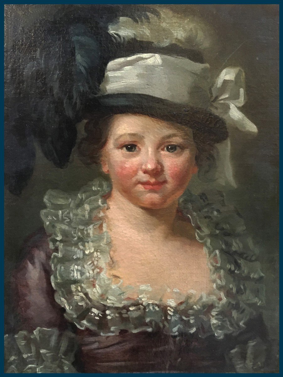 French School 18th Century "little Girl With A Hat" Oil On Canvas