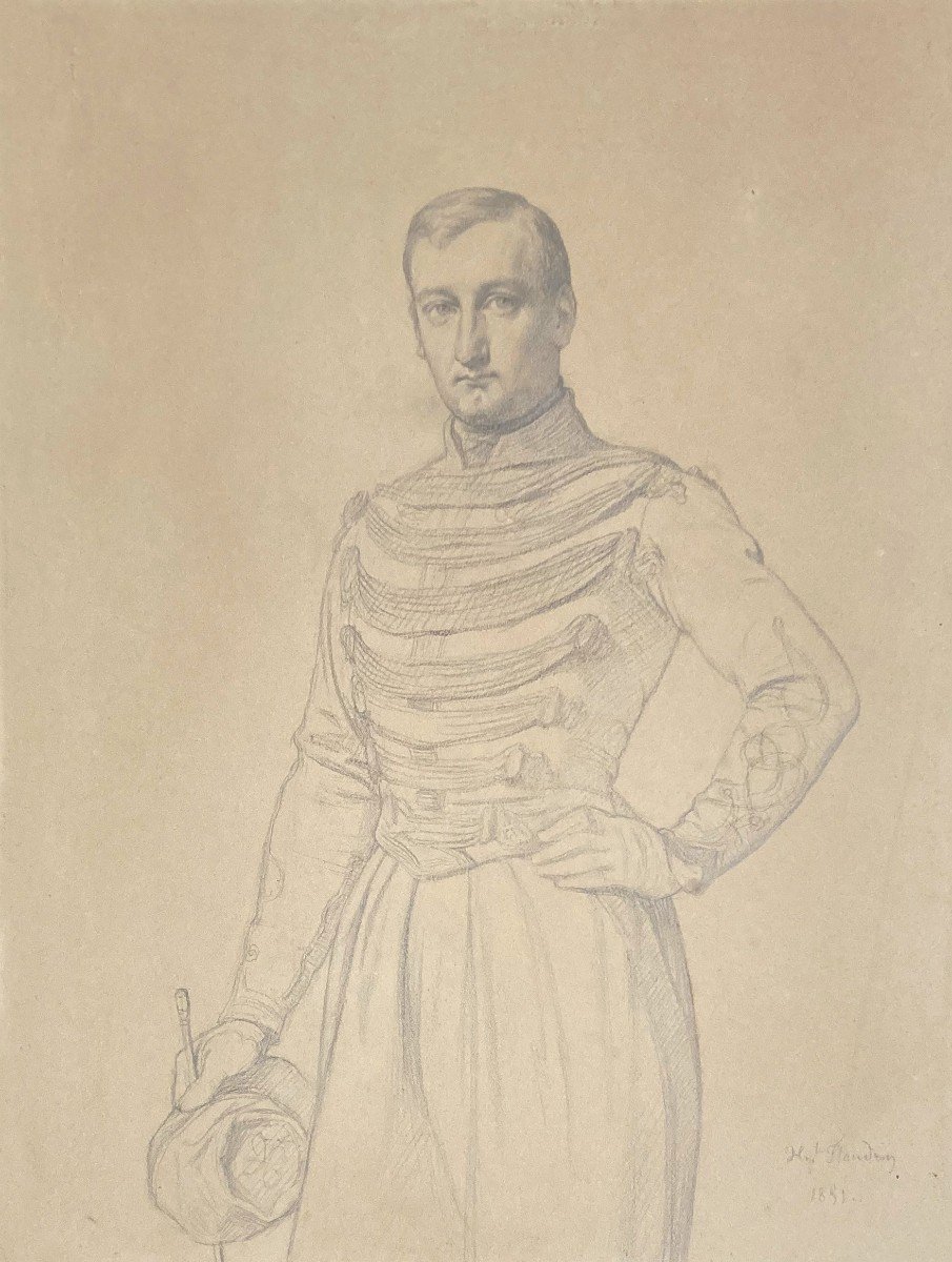 FLANDRIN Hippolyte (1809-1864) "Officier de cavalerie" Dessin/Crayon noir, Signé,daté,Cadre 19e-photo-2