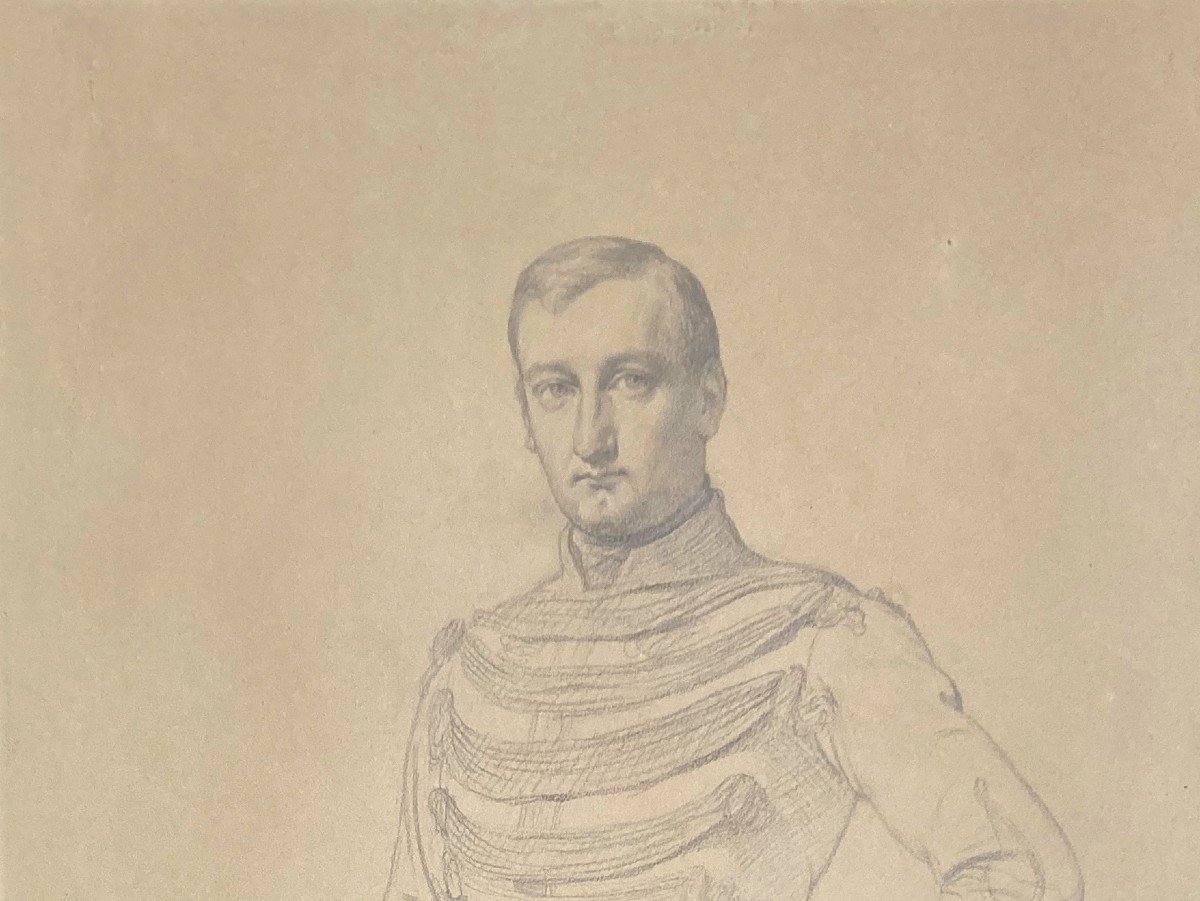 FLANDRIN Hippolyte (1809-1864) "Officier de cavalerie" Dessin/Crayon noir, Signé,daté,Cadre 19e-photo-3