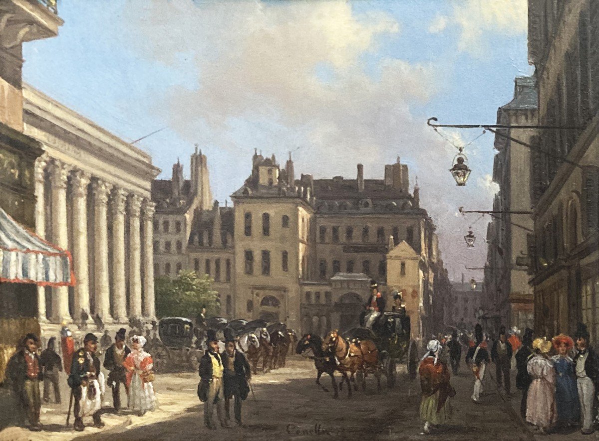 Canella Giuseppe (1788-1847) "place De La Bourse In Paris" Oil/copper, Signed, Its Frame 1830-photo-2