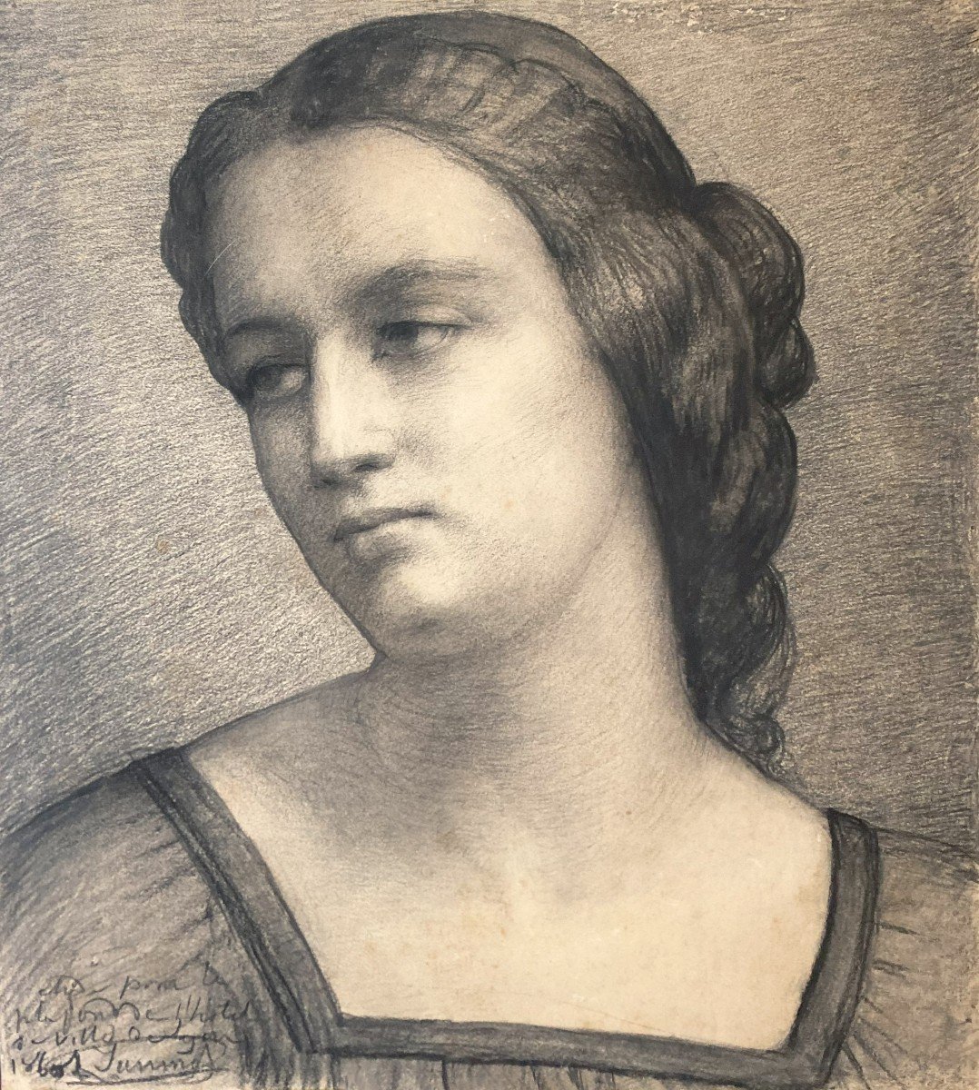 Janmot Louis (1814-1892) "woman's Head" Black Pencil Drawing, Signed And Dated, 19th Century Frame-photo-2