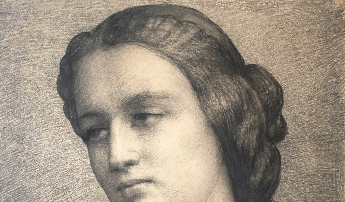 Janmot Louis (1814-1892) "woman's Head" Black Pencil Drawing, Signed And Dated, 19th Century Frame-photo-3