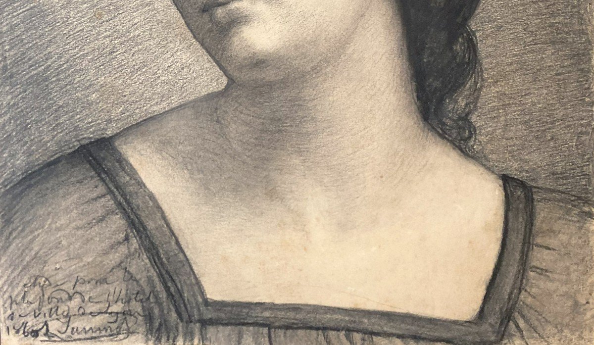 Janmot Louis (1814-1892) "woman's Head" Black Pencil Drawing, Signed And Dated, 19th Century Frame-photo-4