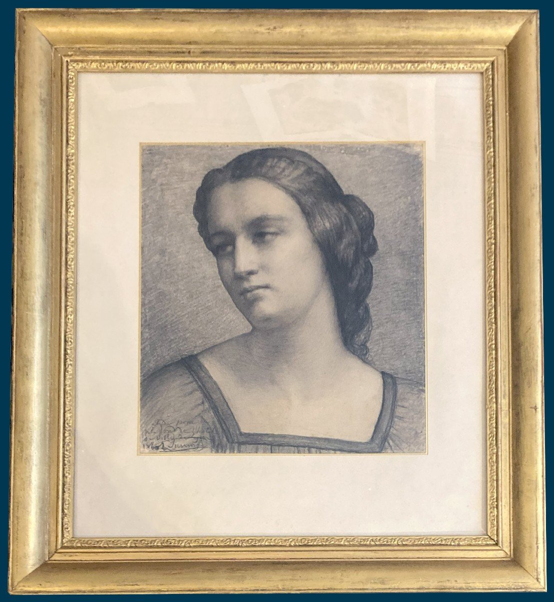 Janmot Louis (1814-1892) "woman's Head" Black Pencil Drawing, Signed And Dated, 19th Century Frame