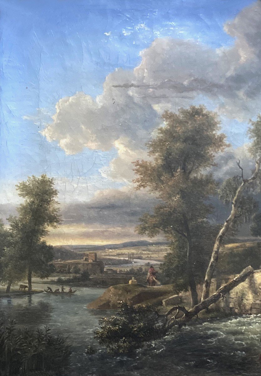 DE MARNE Jean-Louis (1752-1829) Attribué à "Paysage animé" Huile/toile, Beau cadre d'origine-photo-2