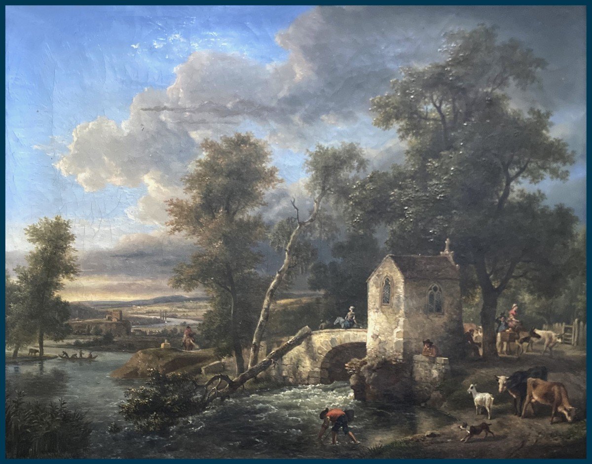 DE MARNE Jean-Louis (1752-1829) Attribué à "Paysage animé" Huile/toile, Beau cadre d'origine