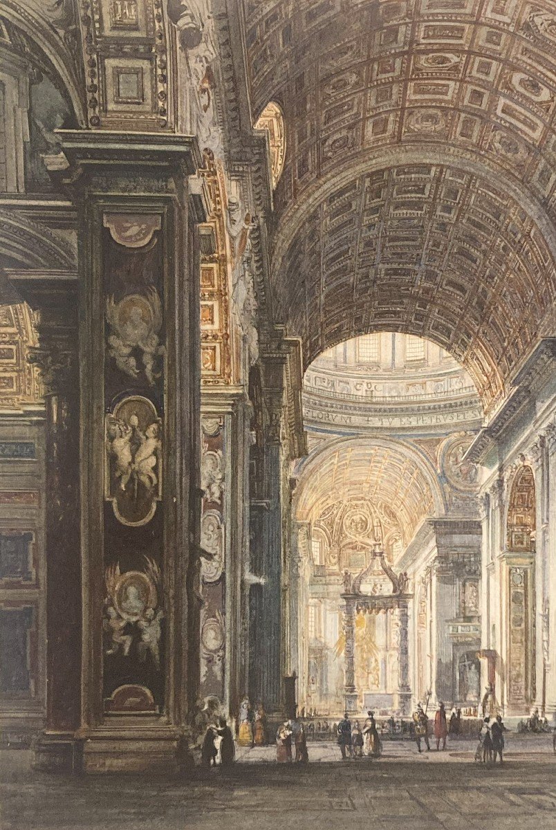 MARCHI Vincenzo (1818-1894) "Intérieur de Saint Pierre de Rome" Dessin à l'aquarelle, Signé-photo-2