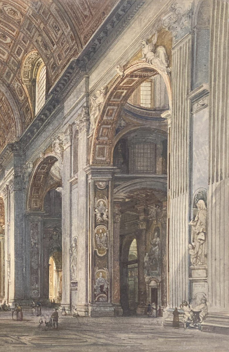 MARCHI Vincenzo (1818-1894) "Intérieur de Saint Pierre de Rome" Dessin à l'aquarelle, Signé-photo-3