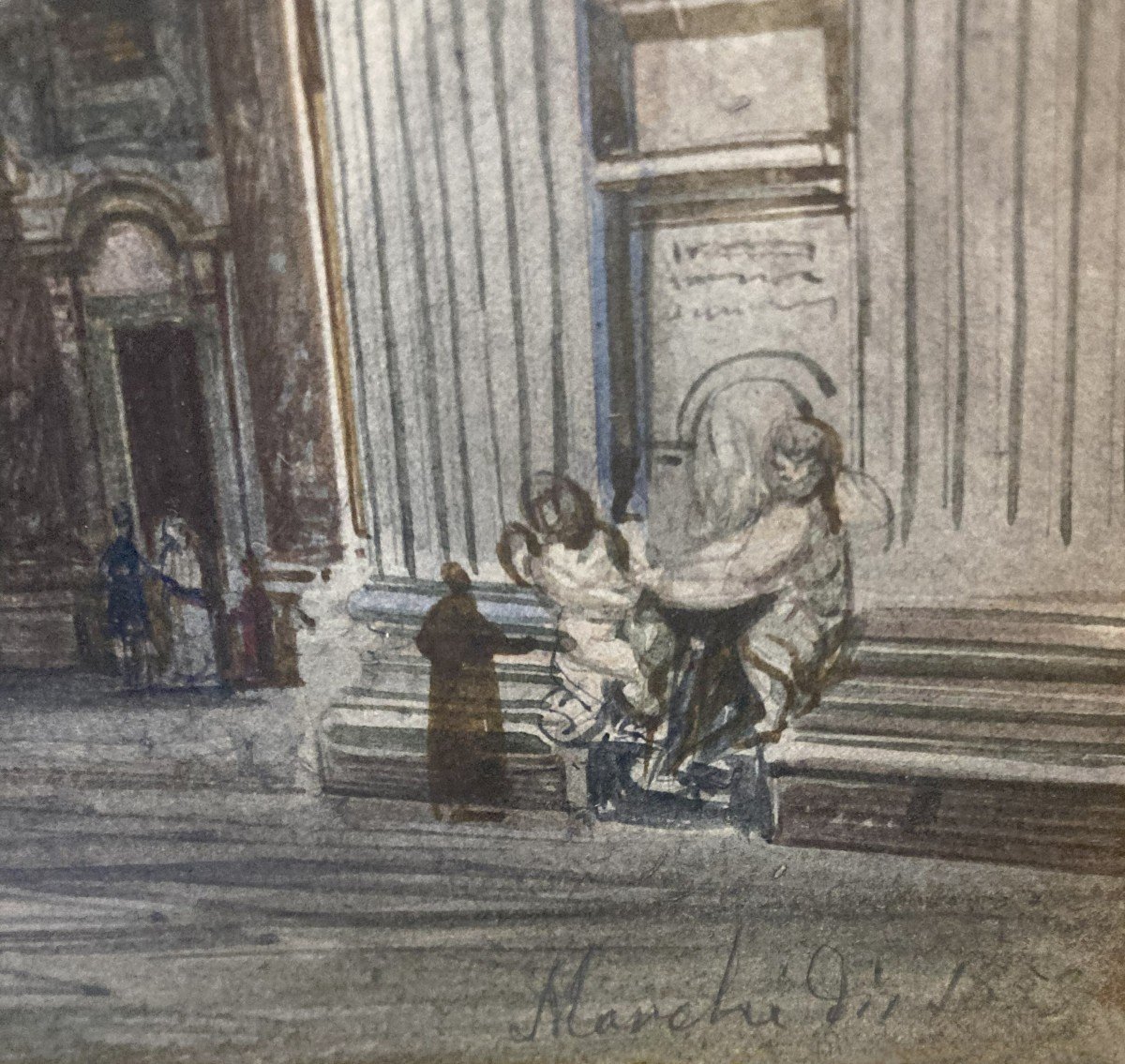 MARCHI Vincenzo (1818-1894) "Intérieur de Saint Pierre de Rome" Dessin à l'aquarelle, Signé-photo-4