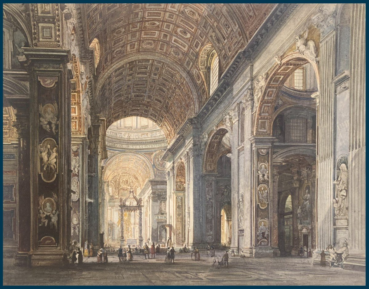 MARCHI Vincenzo (1818-1894) "Intérieur de Saint Pierre de Rome" Dessin à l'aquarelle, Signé