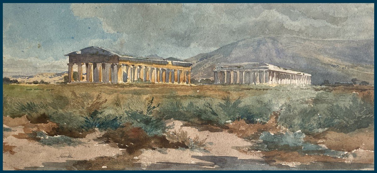 ECOLE FRANCAISE 19E SIECLE "Temples de Paestum" Aquarelle