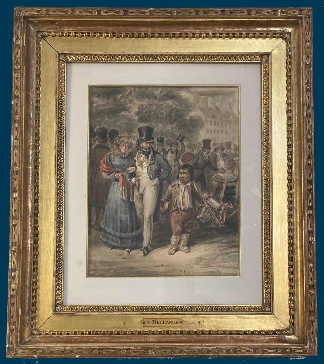 Bellangé Hippolyte (1800-1866) "street Scene" Drawing/watercolor, Signed And Dated, Original Frame