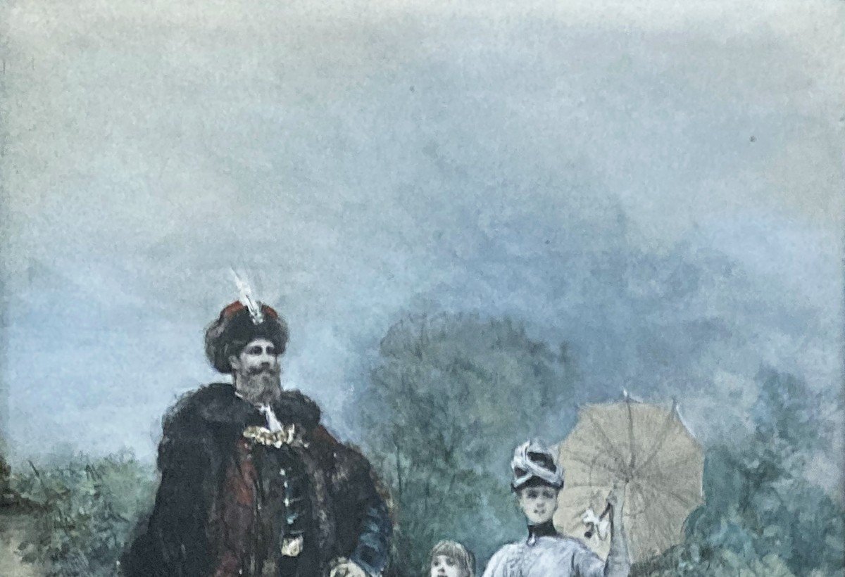 Clairin Georges (1843-1919) "russian Noble Family" Drawing/black Pencil, Watercolor, Gouache, Signed-photo-2