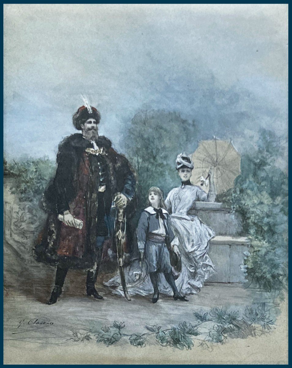 Clairin Georges (1843-1919) "russian Noble Family" Drawing/black Pencil, Watercolor, Gouache, Signed